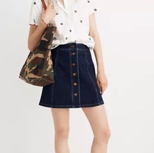 Stretch denim A-line mini button front skirt